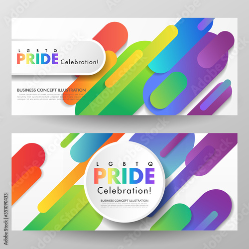 Colorful LGBTQ pride celebration banner set of two. Abstract rainbow geometric round objects on white background. Vector illustration template.