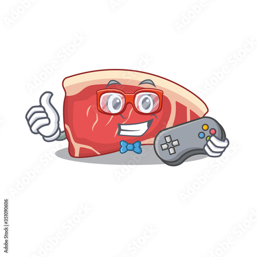 Mascot design style of sirloin gamer playing with controller