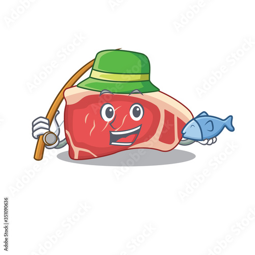 Cartoon design style of sirloin goes to fishing