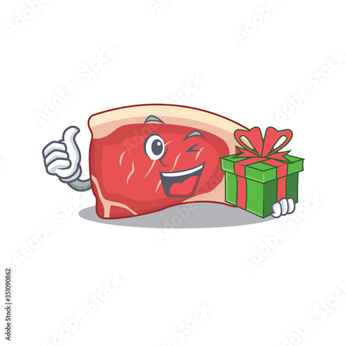joyful sirloin cartoon character with a big gift box