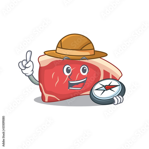mascot design concept of sirloin explorer using a compass in the forest