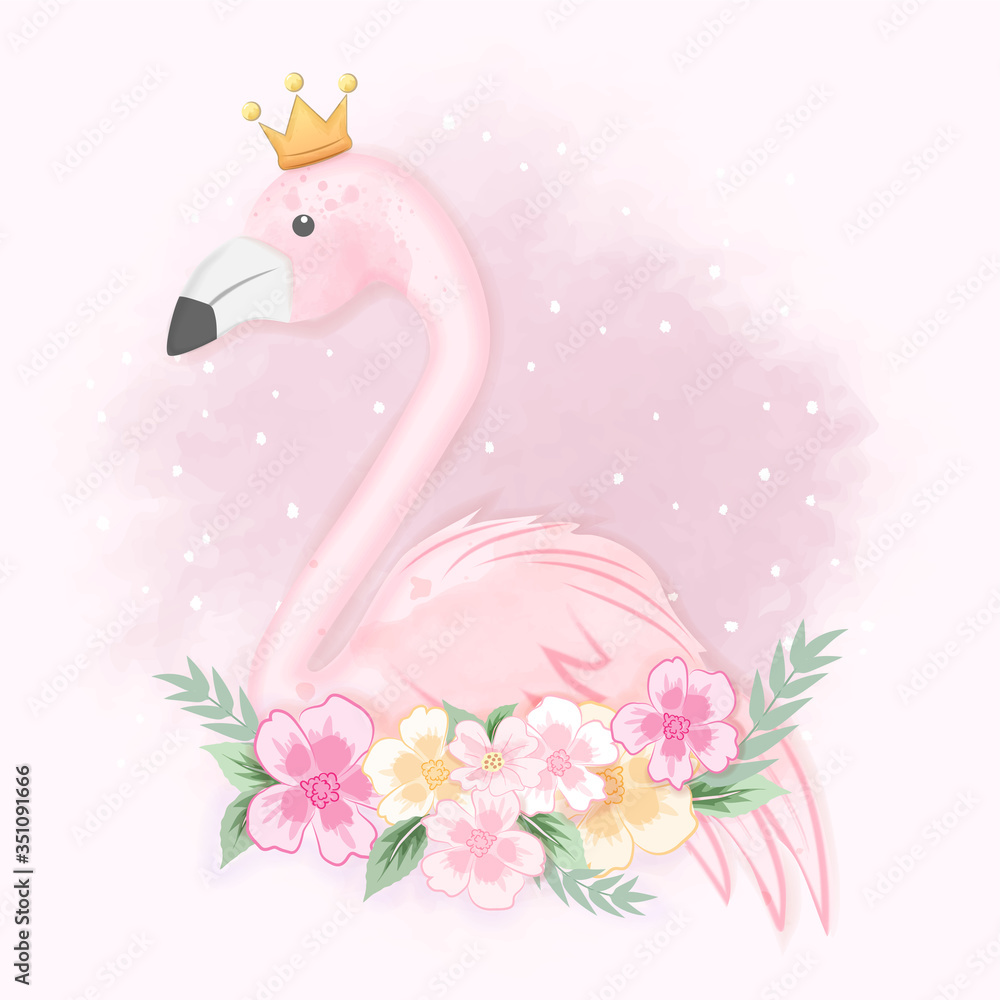 Obraz premium Cute flamingo with flowers, hand drawn animal watercolor illustration