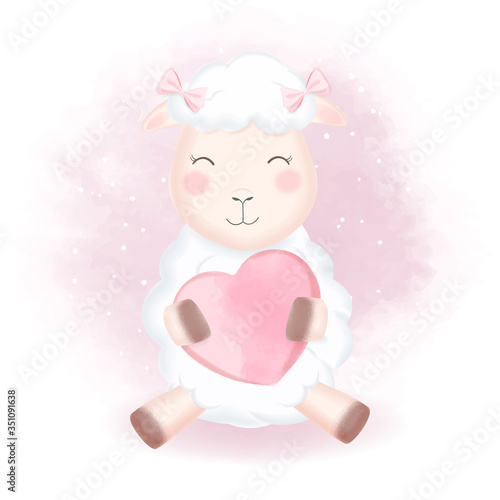Cute sheep and heart hand drawn animal illustration watercolor background