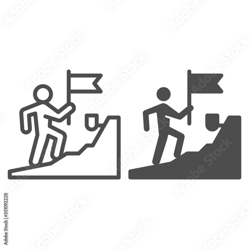 Man with flag climbing on top of mountain line and solid icon, business concept, get on peak of career vector sign on white background, Stairs and leader with flag icon in outline style. Vector.