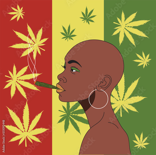 African girl smokes hemp on a background of hemp leaves. 