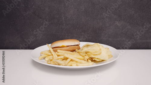 Plate Full of Unhealthy Food. Hamburger, Chips and French Fries. Bad Eating Habits.