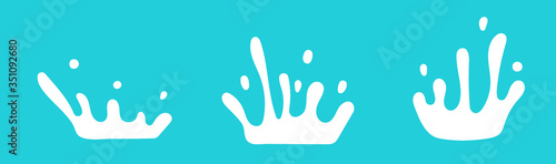 Milk crown badge and dairy labels with splashes and bolts. Milk badge with drop and splash for labels of package. Vector set.