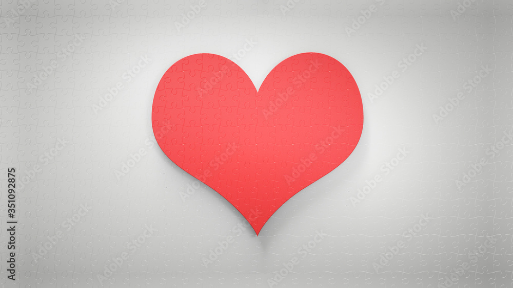 Jigsaw Puzzles Arrange into a Red Heart on Black and Green Screen Background. Dynamic 3D Render of White Puzzle Pieces Forming Love Symbol