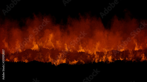 Forest Fire Starting and Spreading Fast on Multiple Levels at Night. Silhouette of Trees Burning with Smoke Rising. Dramatic Scene of Natural Disaster