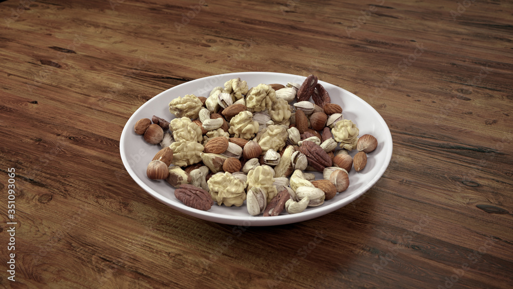 Mixed Nuts in White Bowl on Wooden Table. Mixed Nuts in White Bowl on Wooden Table.