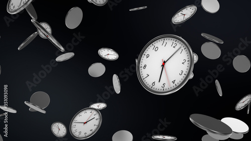 Office clocks measuring time while falling on black background.