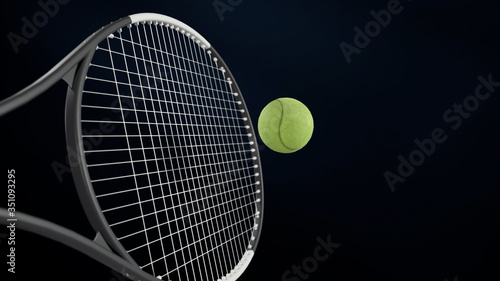 Close up on Tennis Racket Hitting a Green Ball. Front View of Racket Swing. © Piotr Adamczyk