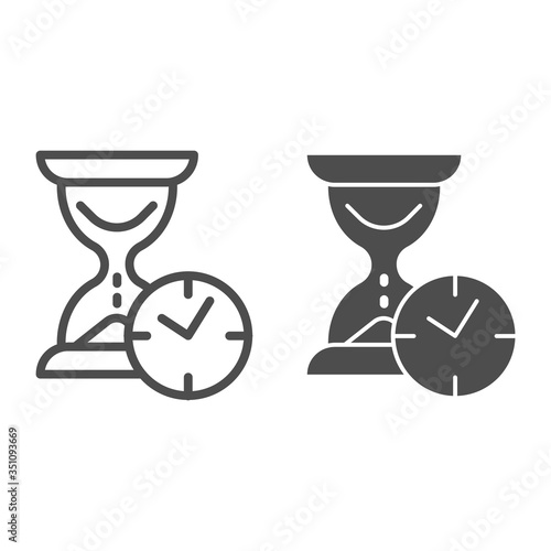 Hourglass with clock line and solid icon, time passing concept, urgency and running out of time sign on white background, sandglass or sandclock with watch icon in outline style. Vector graphics.