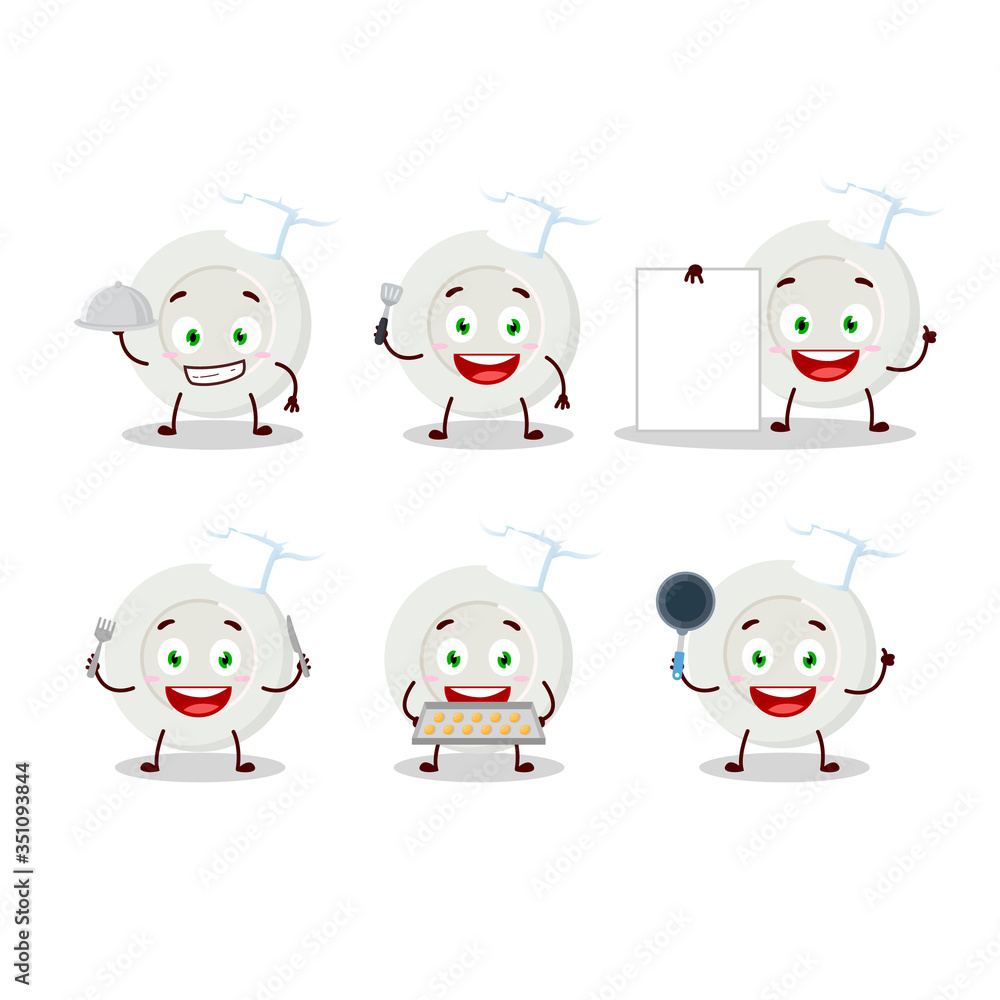Cartoon character of plate angry expression with various chef emoticons Cartoon character of plate angry expression with various chef emoticons