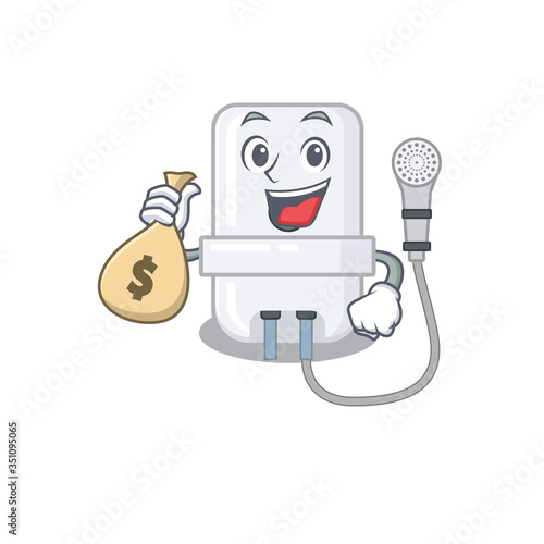 Crazy rich electric water heater mascot design having money bags