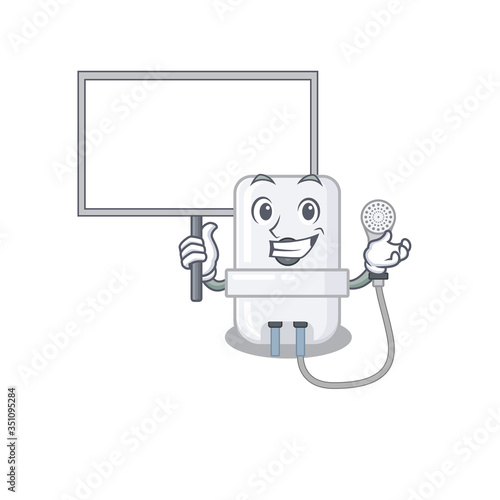 Cartoon picture of electric water heater mascot design style carries a board