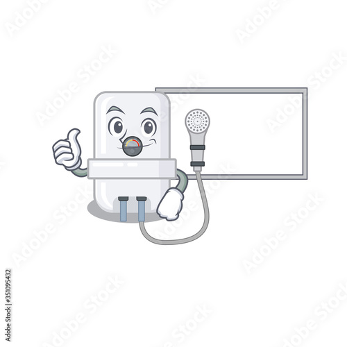 electric water heater cartoon design with Thumbs up finger bring a white board
