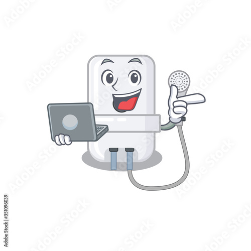 Smart cartoon character of electric water heater studying at home with a laptop