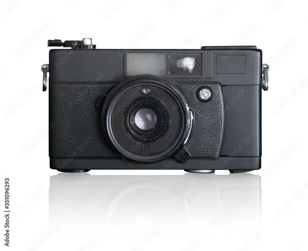 Closeup retro film photo camera isolated on white background