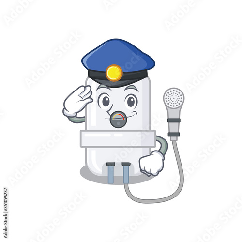 Police officer cartoon drawing of electric water heater wearing a blue hat