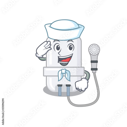 Smiley sailor cartoon character of electric water heater wearing white hat and tie