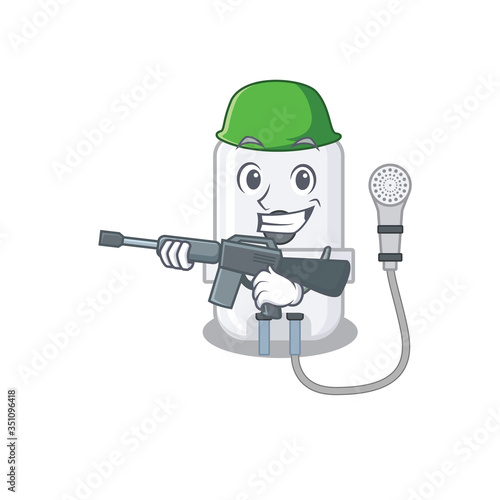 A cartoon picture of Army electric water heater holding machine gun