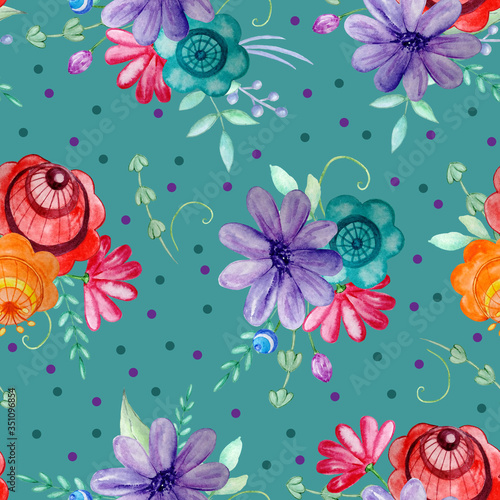 Russian red and orange flowers pattern on a green background