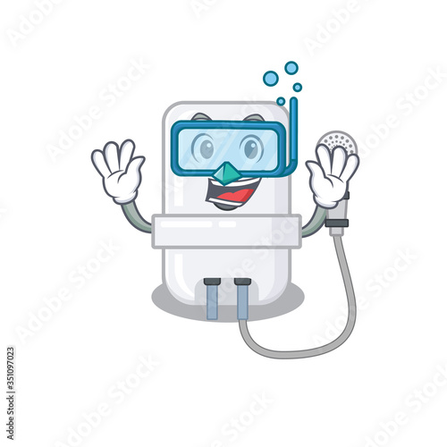 electric water heater mascot design swims with diving glasses