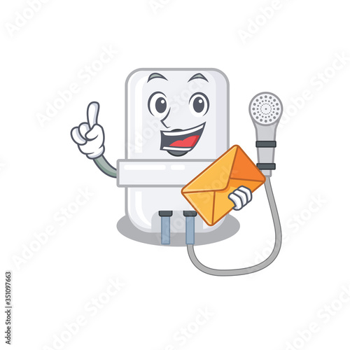 A picture of cheerful electric water heater cartoon design with brown envelope