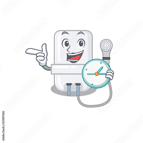 mascot design style of electric water heater standing with holding a clock