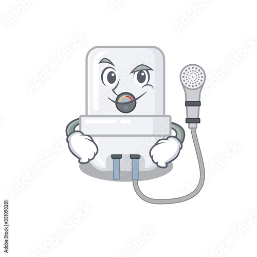 A cute arrogant caricature design of electric water heater having confident gesture