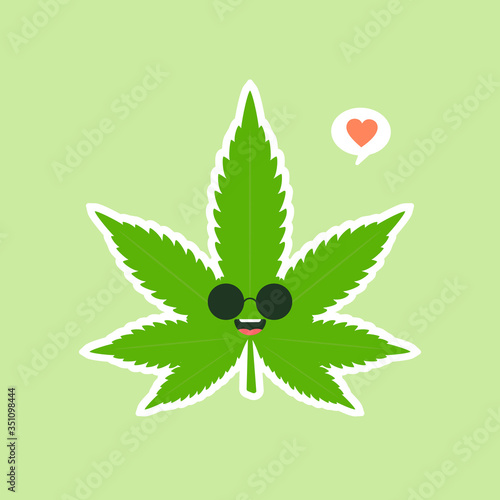 Cute and kawaii smiling happy marijuana weed green leaf face. Vector flat cartoon character illustration icon design. Isolated on color background. marihuana ganja, medical and recreation cannabis