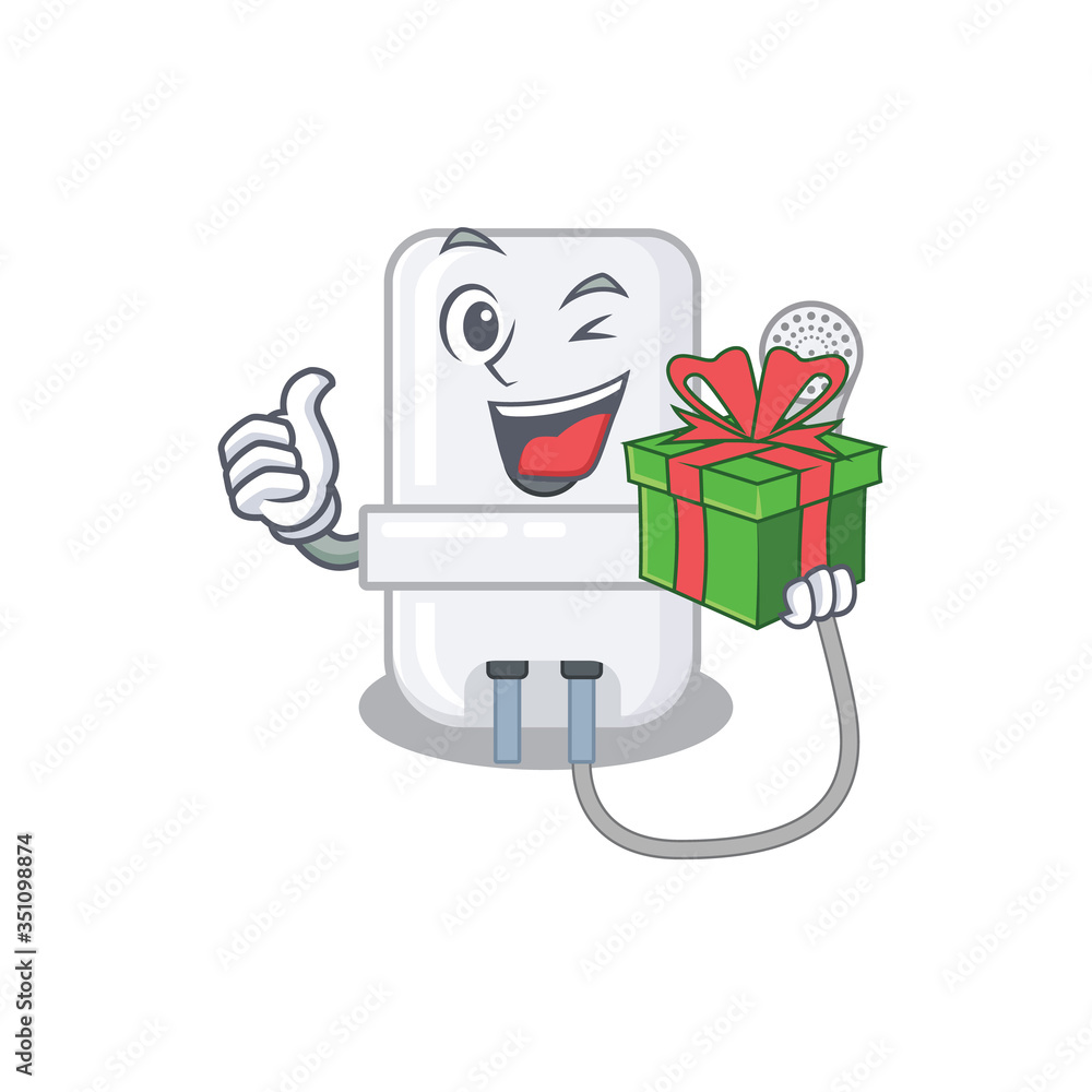 joyful electric water heater cartoon character with a big gift box