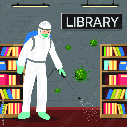 Vector illustration of a coronary injection (Covid-19) personnel sterilizing spray in library.