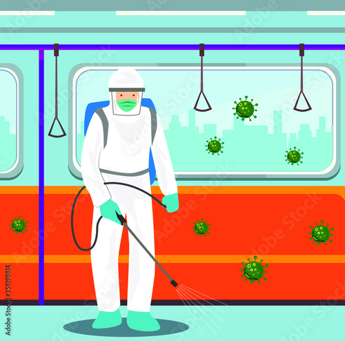 Vector illustration of a coronary injection (Covid-19) personnel sterilizing spray in Electric train.