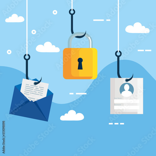 data phishing hacking online scam concept, with icons in hook vector illustration design