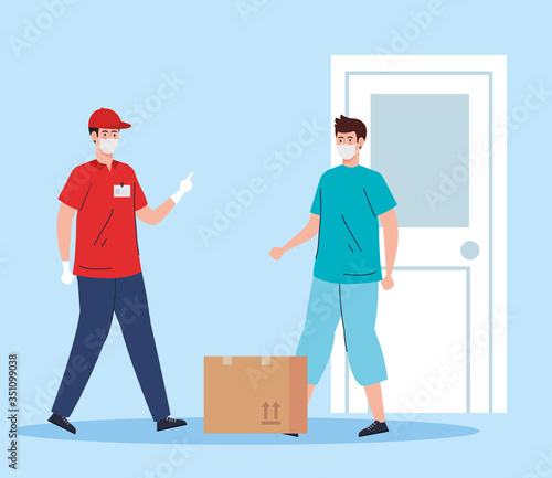 safe contactless delivery courier to house by covid 19 vector illustration design
