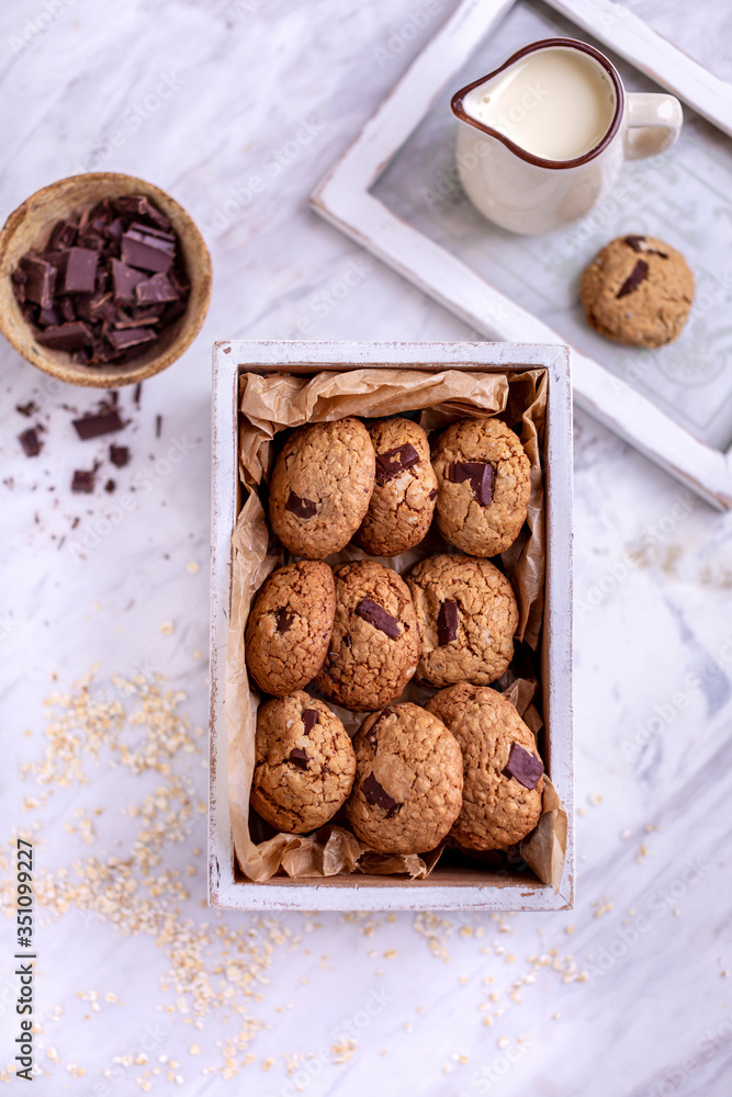 Oats chocolate chip cookies in a white wooden box Oats chocolate chip cookies in a white wooden box