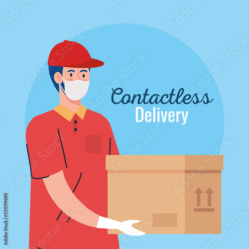 contactless delivery, courier worker using face mask vector illustration design