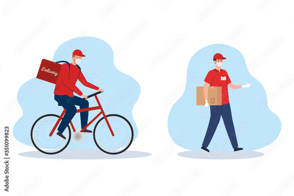 contactless delivery, courier workers using face mask in bike vector illustration design contactless delivery, courier workers using face mask in bike vector illustration design