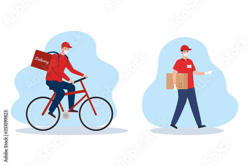 contactless delivery, courier workers using face mask in bike vector illustration design