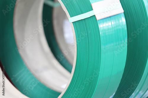 Green PP band for packaging and fastening of carton box photo