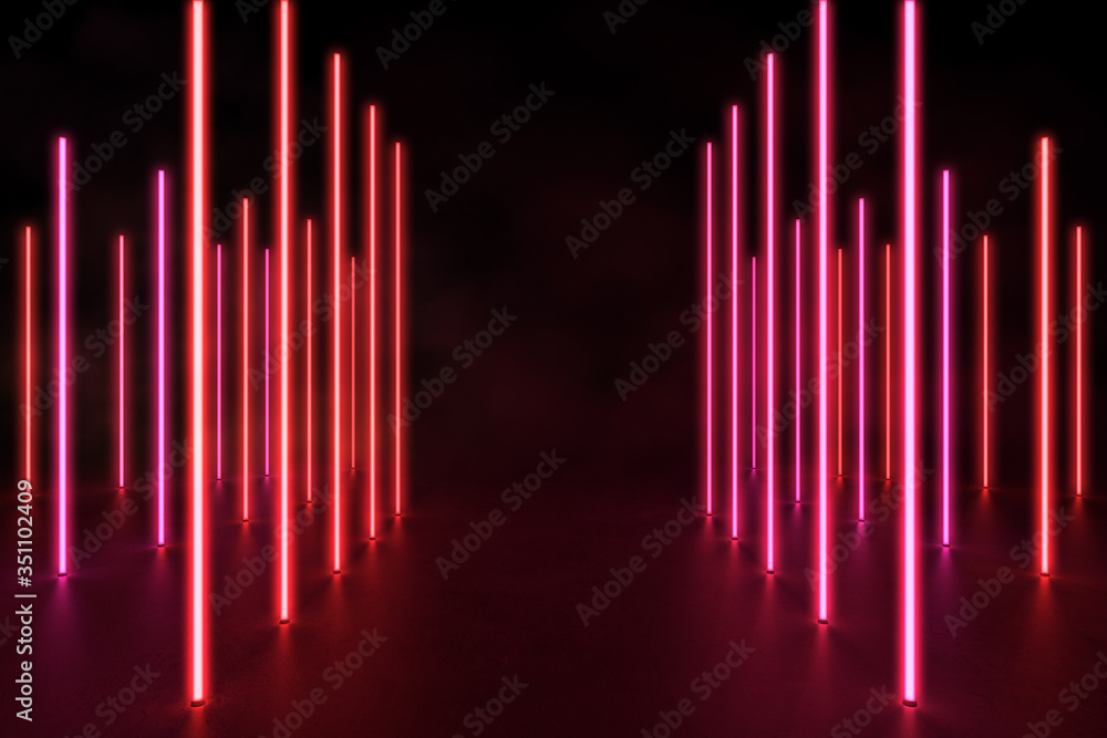 Red 3D neon light background with vertical line in concrete floor, 3d ...