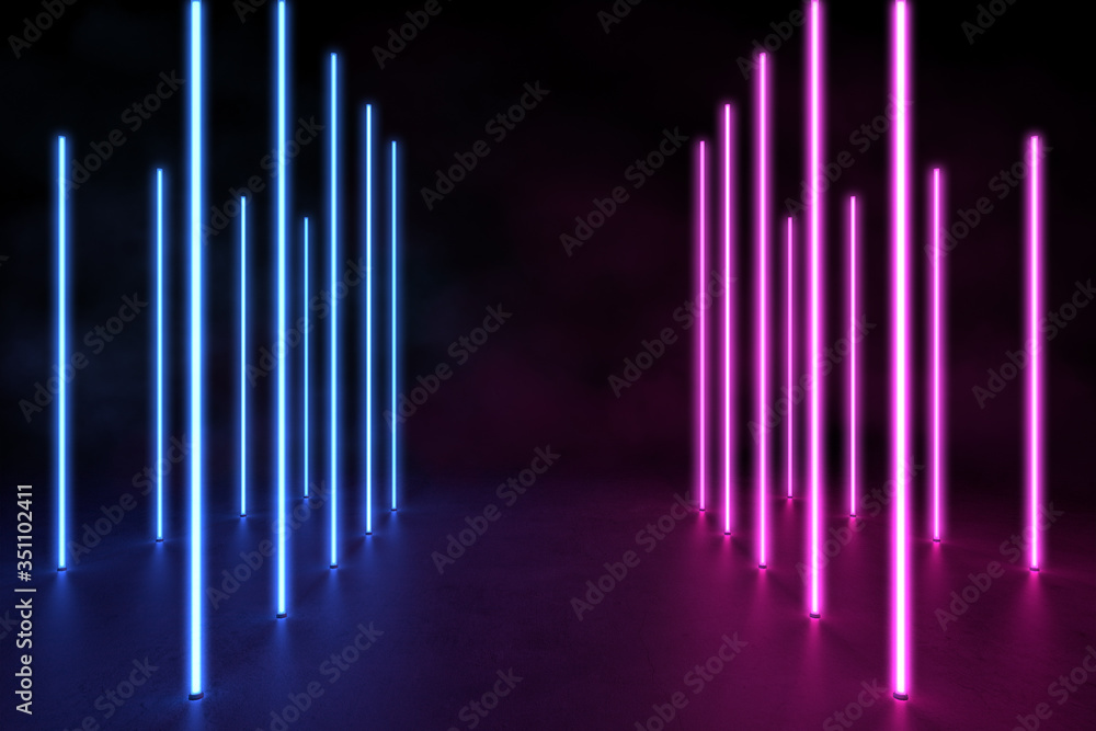 Ultraviolet 3D neon light background with vertical line in concrete floor, 3d rendering of holographic technology for virtual reality pink cyan spectrum laser show