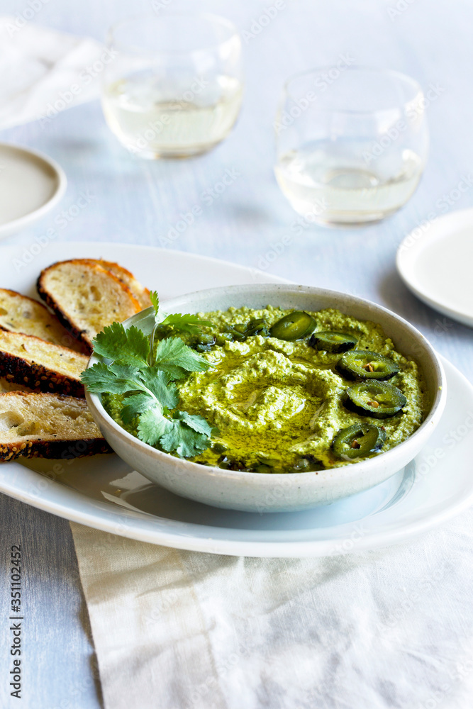 Roasted Jalapeno Cilantro Manchego Pesto with Crostini Roasted Jalapeno Cilantro Manchego Pesto with Crostini