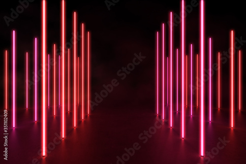 Red 3D neon light background with vertical line in concrete floor, 3d rendering of holographic technology for virtual reality pink spectrum laser show