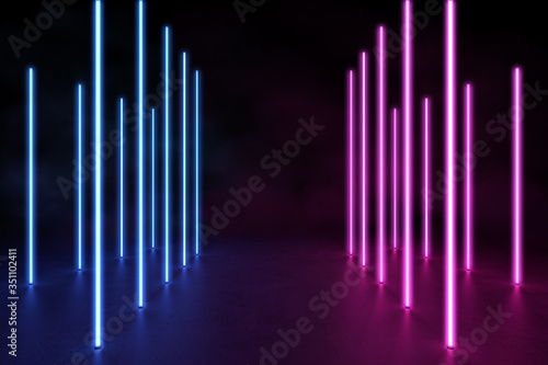 Ultraviolet 3D neon light background with vertical line in concrete floor  3d rendering of holographic technology for virtual reality pink cyan spectrum laser show