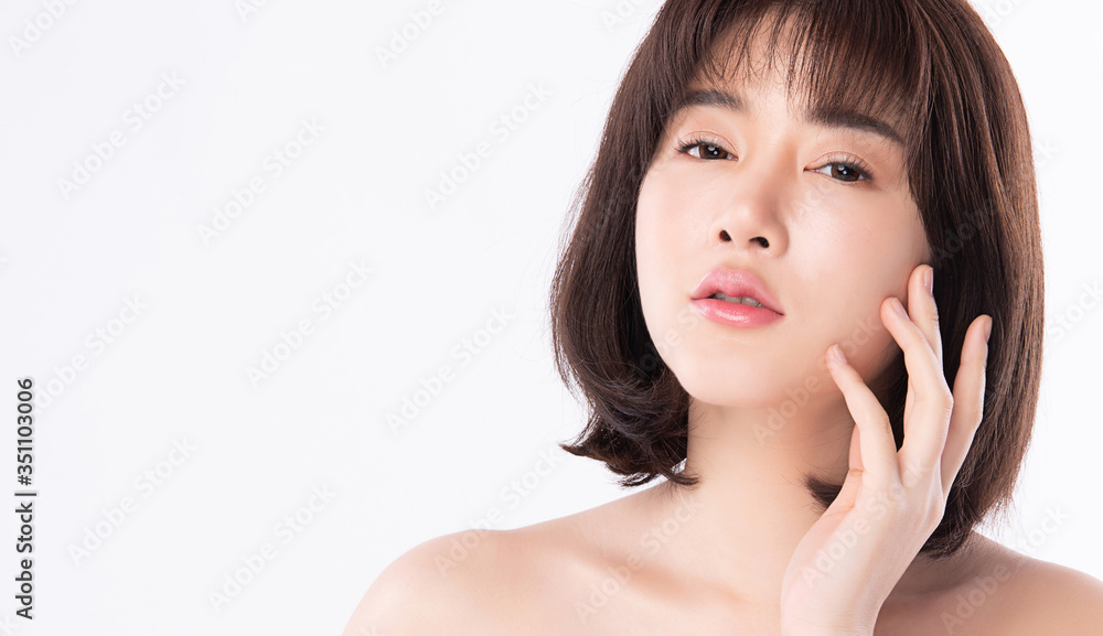 Beautiful Young Asian Woman touching her clean face with fresh Healthy Skin, isolated on white background, Beauty Cosmetics and Facial treatment Concept Beautiful Young Asian Woman touching her clean face with fresh Healthy Skin, isolated on white background, Beauty Cosmetics and Facial treatment Concept