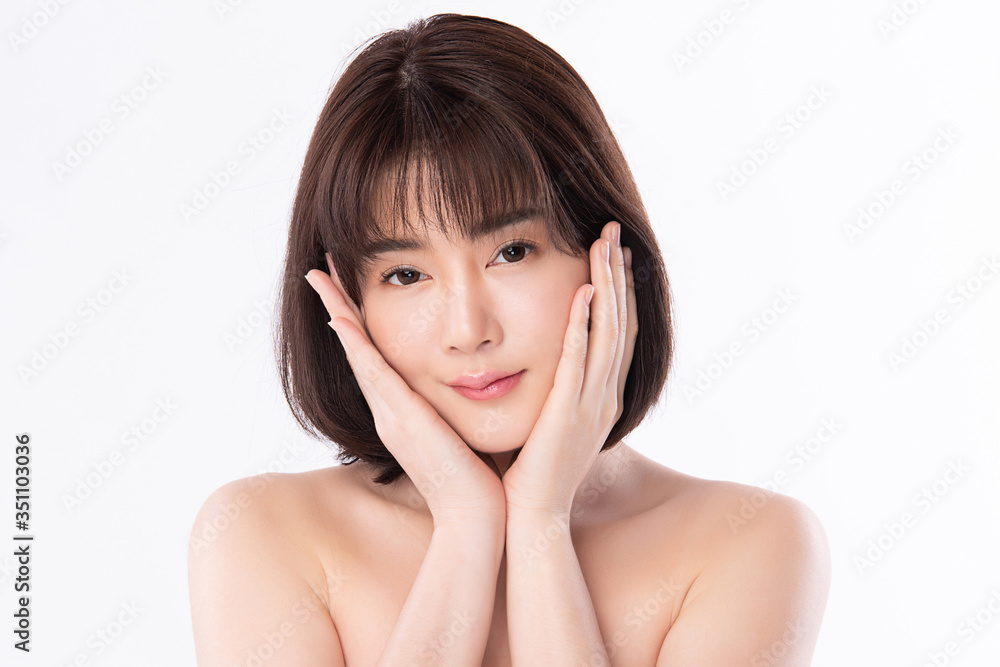 Beautiful Young Asian Woman touching her clean face with fresh Healthy Skin, isolated on white background, Beauty Cosmetics and Facial treatment Concept Beautiful Young Asian Woman touching her clean face with fresh Healthy Skin, isolated on white background, Beauty Cosmetics and Facial treatment Concept