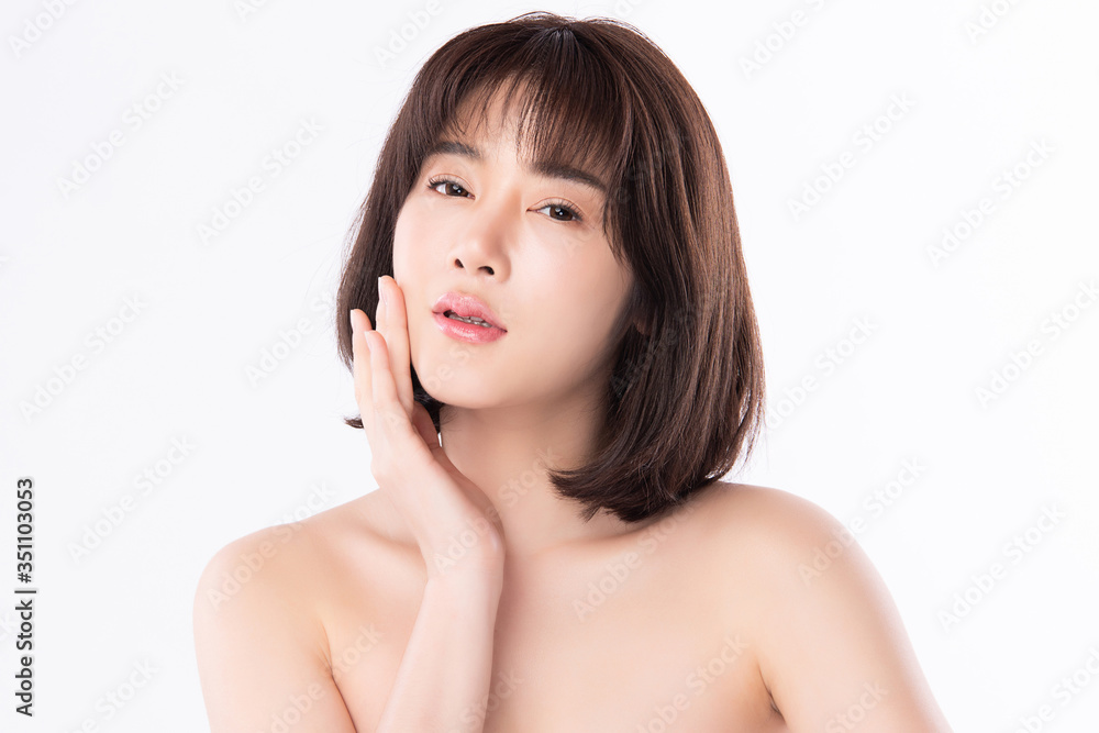 Beautiful Young  Asian Woman touching her clean face with fresh Healthy Skin, isolated on white background, Beauty Cosmetics and Facial treatment Concept